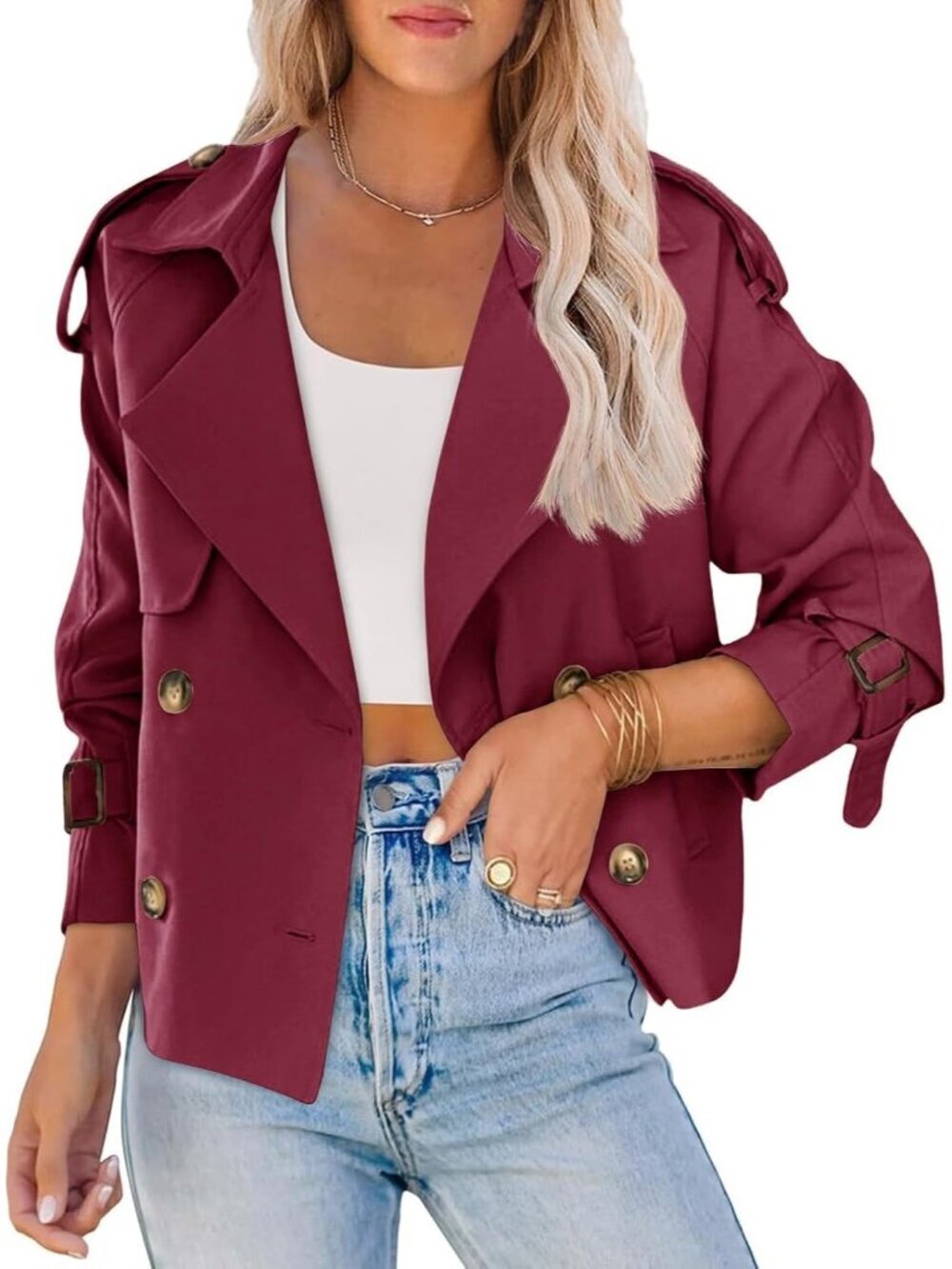 Women's Wine Red Double Breasted Raglan Sleeve Imported Crop Trench Coat